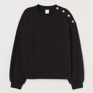 Black Round Neck Sweatshirt with Gold Button Detail by H&M